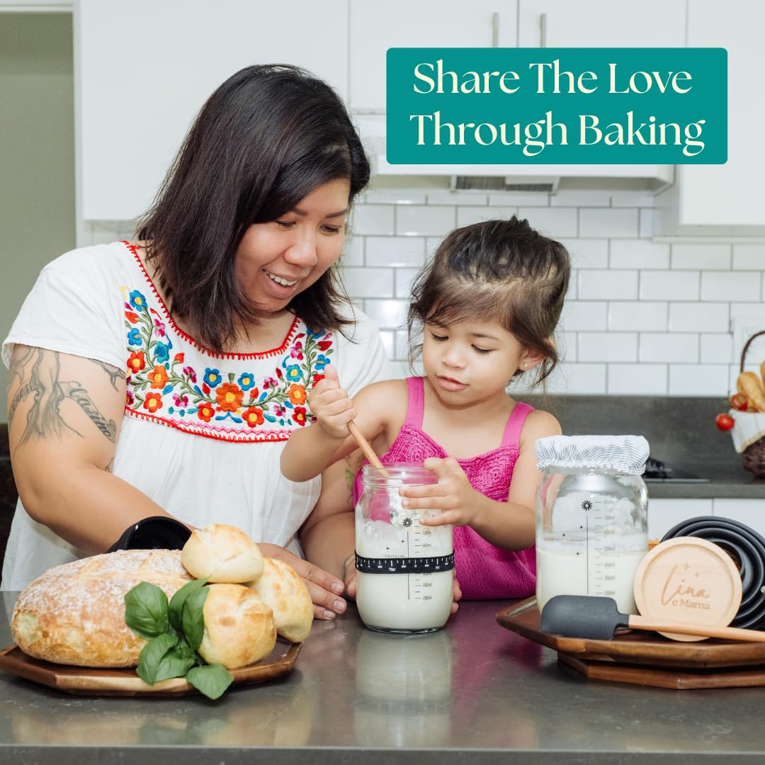 Lina e Mama 34 Oz Sourdough Starter Jar | Sourdough Starter Kit | Wide Mouth Sour Dough Kit with a Wooden & Aluminum Lid, Spatula, and Funnel | Sour Dough Jar for Beginners and Pros