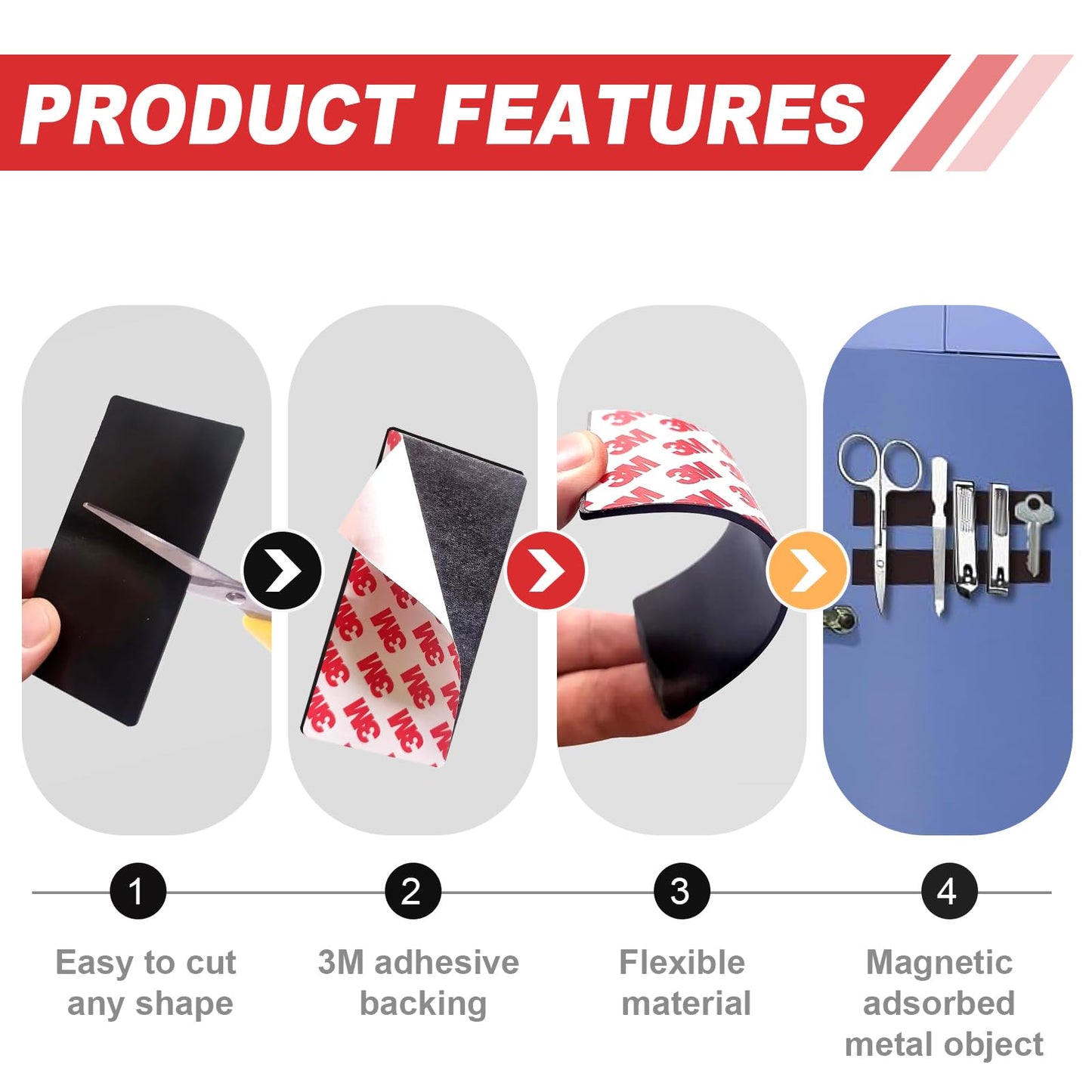 Thaibear Magnetic Strip, Flexible Magnetic Tape with Adhesive Backing (16 Pack, 3" x 1") Strong Adhesive Magnetic Strips for DIY, Crafts, Fridge - Sticky Magnet Tape Strip for Wall