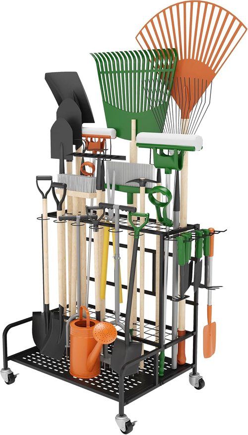 Garden Tool Organizer Rack - Heavy-Duty Steel Storage for Up to 39 Tools | Includes 12 Hooks & Wheels, Black