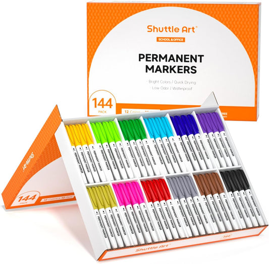 Shuttle Art 144 Pack Permanent Markers - Assorted Colors for Vibrant Art Projects | Fine Point for Wood, Stone, Glass