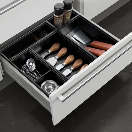Bamboo Drawer Organizer - 5 PCS Black Silverware Tray & Desk Storage | Removable Cabinet Dividers for Kitchen & Office