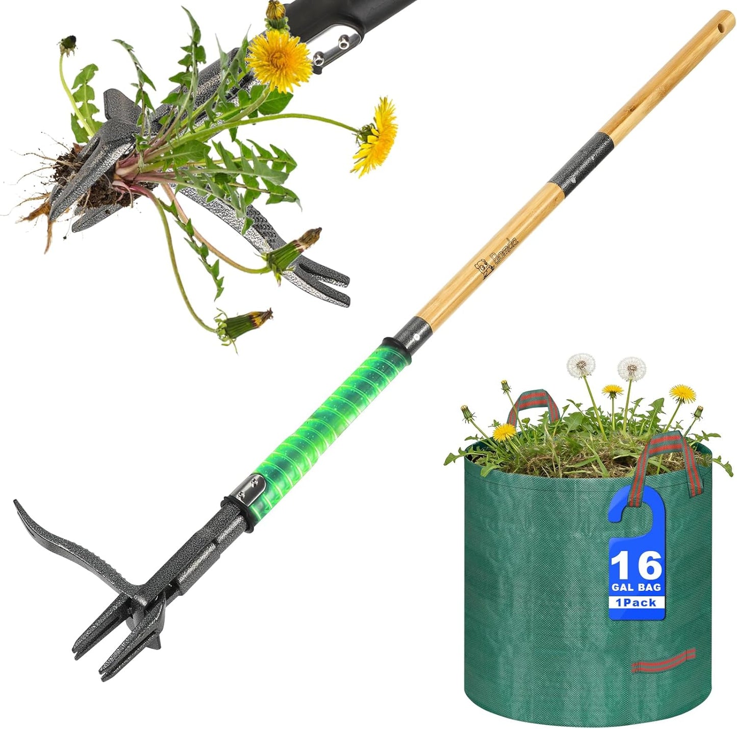 Skiennix Heavy Duty Weed Puller Tool - 4-Claw Steel Head & Dual-Eject Mechanism | 43.5" Bamboo Handle & 16 Gallon Leaf Bag
