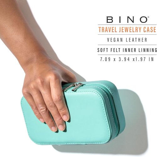 BINO Jewelry Case - Stylish Portable Organizer with Mirror | Compact Travel Box for Earrings, Rings, Necklaces (Aqua)
