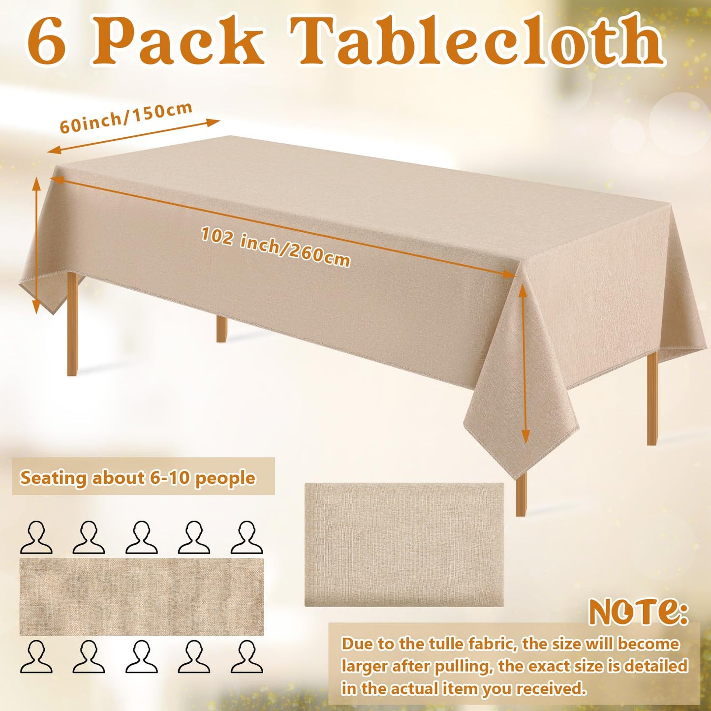 Preboun 6 Pack Wedding Rectangle Linen Tablecloth Bulk 60 x 102 Inch Polyester Faux Linen Tablecloths Washable Burlap Tablecloth for Birthday Farmhouse Dining Table Party (Natural Color,60*102 Inch)
