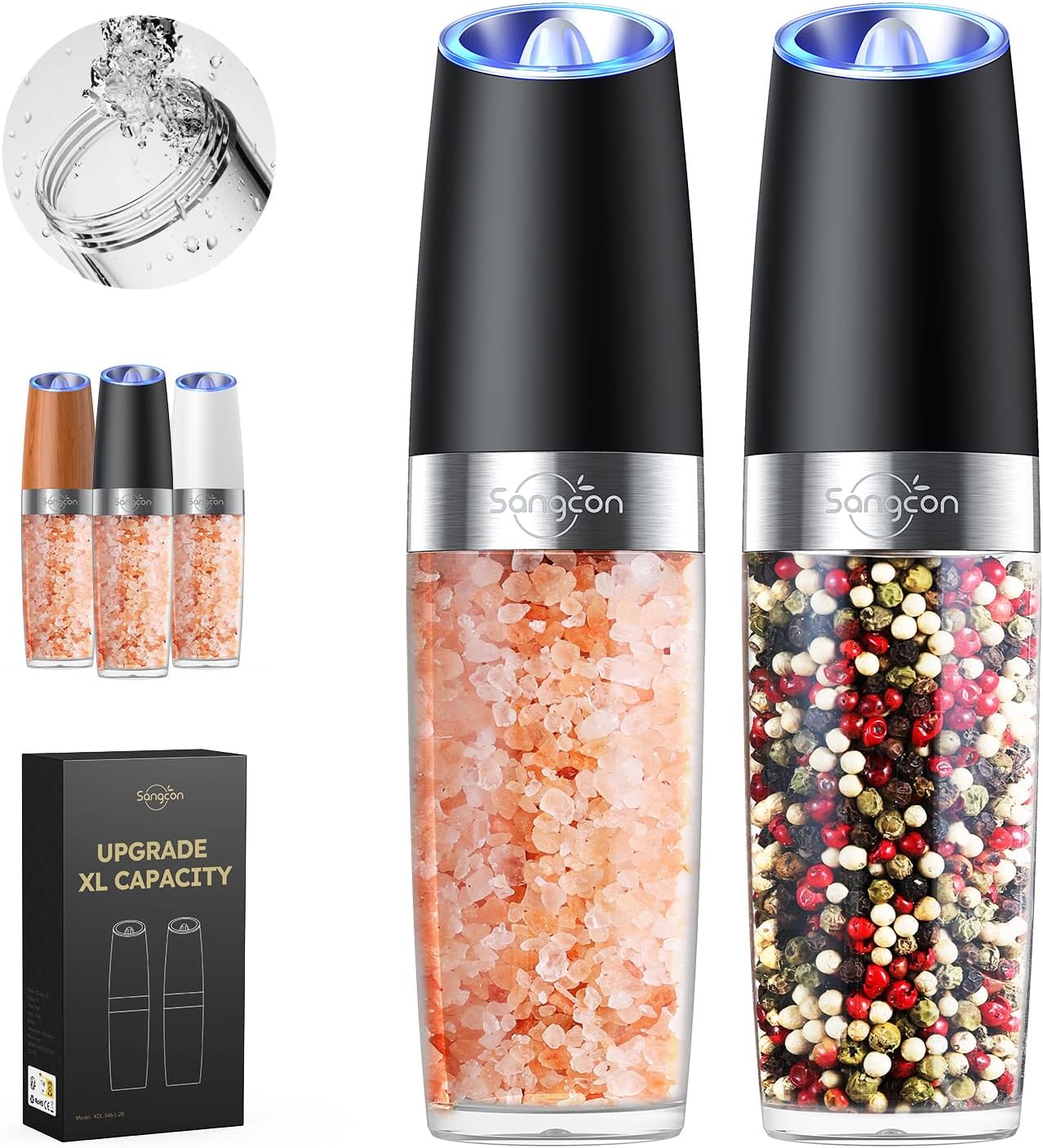 Sangcon Electric Salt and Pepper Grinder Set - Upgraded 9oz XL Capacity | Battery Powered, One-Hand Operation, Adjustable Coarseness