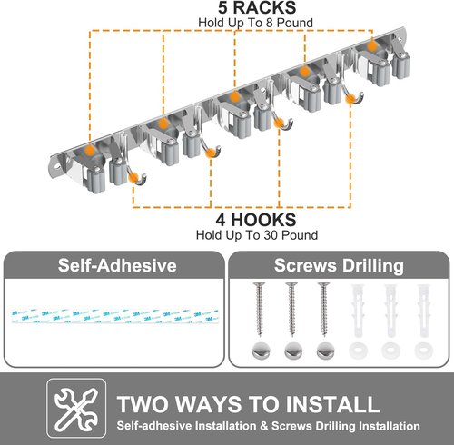 HANZENMA Broom Holder Wall Mount - Heavy Duty Stainless Steel Organizer with 5 Racks & 4 Hooks for Home, Kitchen, Garage
