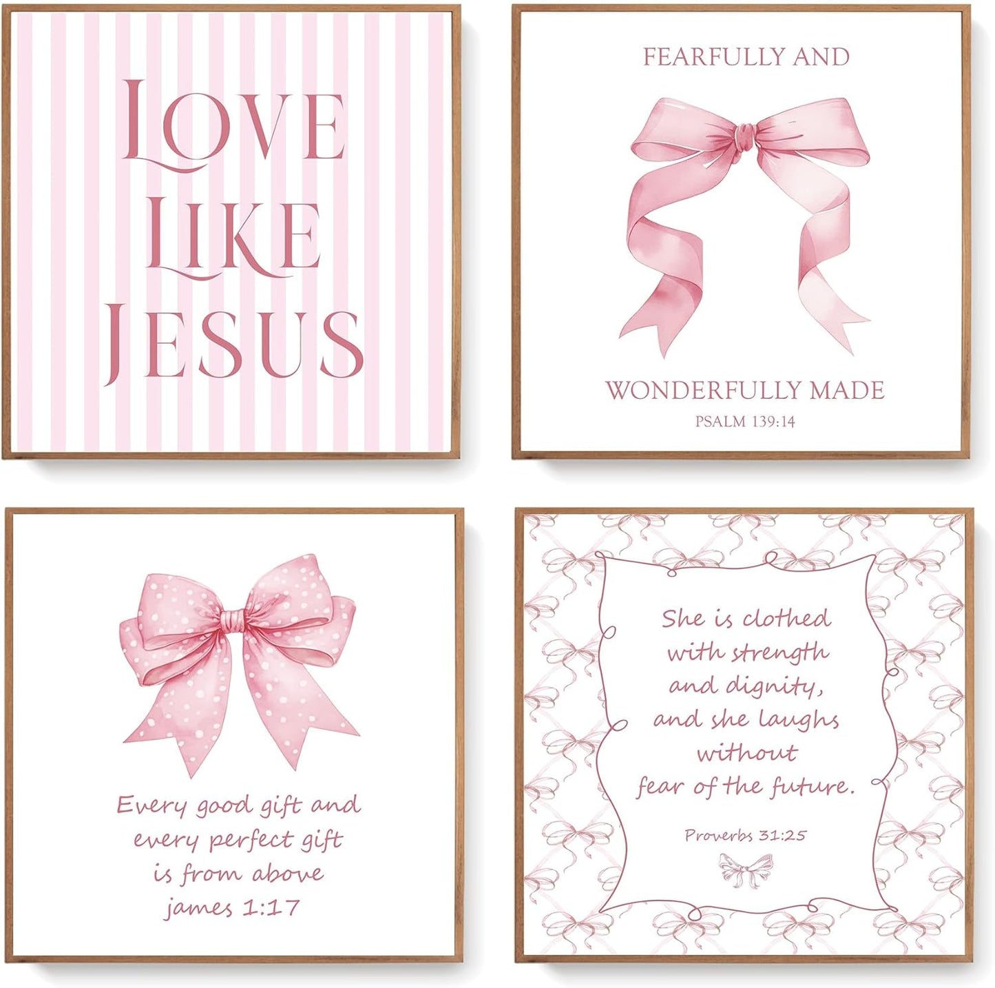 LARTSFRO Coquette Pink Bow Wall Art | Inspirational Christian Decor for Teen Girls | 10x10 Inch Set of 4 Unframed
