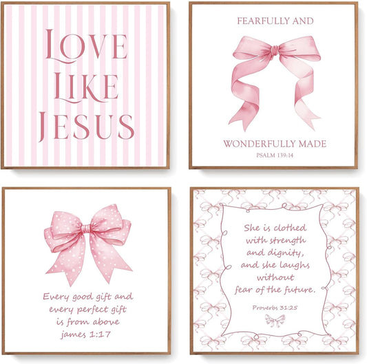 LARTSFRO Coquette Pink Bow Wall Art | Inspirational Christian Decor for Teen Girls | 10x10 Inch Set of 4 Unframed