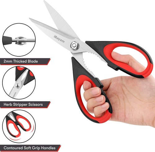 iBayam Kitchen Scissors - Heavy Duty Stainless Steel Shears Set | 2 Pack with Protective Sheath & Comfort Grip