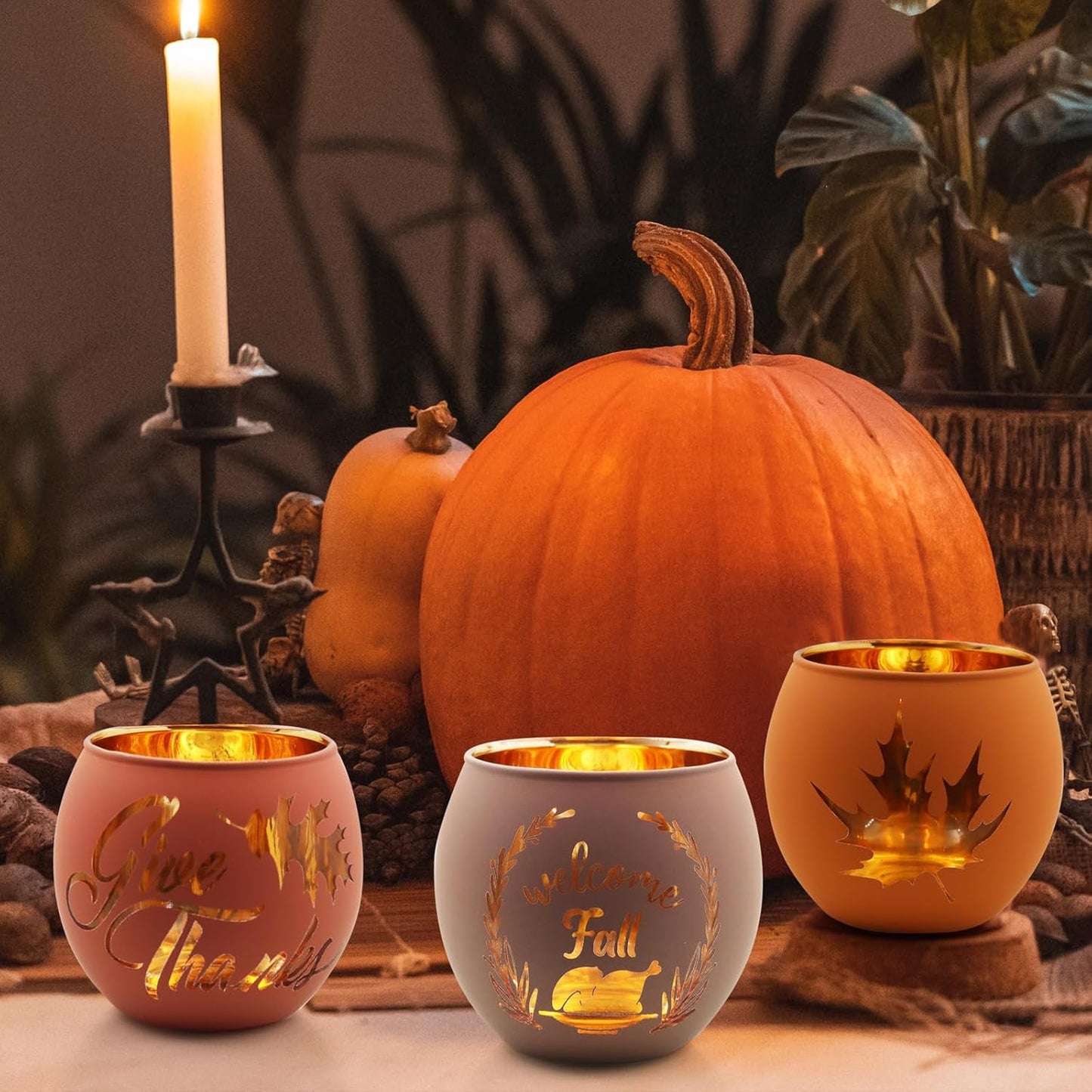 Thanksgiving Votive Candle Holder Set by [Brand Name] - 6 Glass Holders with Laser Engraved Designs for Fall Centerpiece Decor
