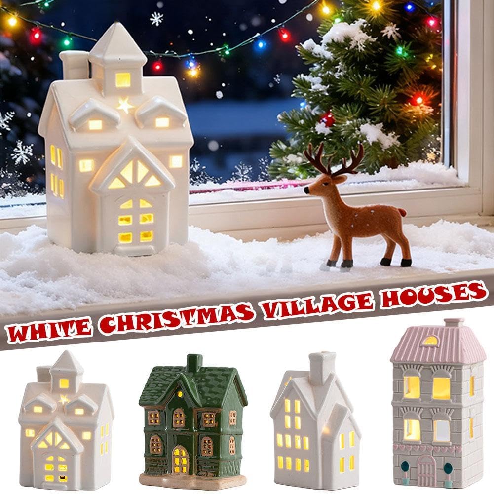 Skiennix Light Up Christmas Village House - White Ceramic Tabletop Decor for Winter Centerpiece (Green)