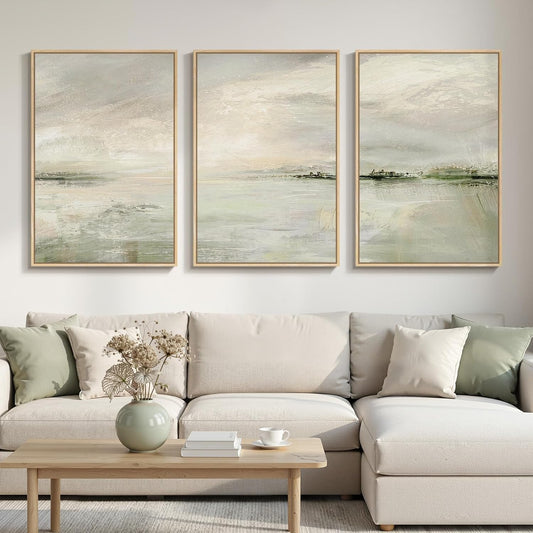 Skiennix Large Framed Sage Green Abstract Landscape Wall Art - 3 Piece Modern Canvas Prints | 24x36 In for Living Room, Office & More