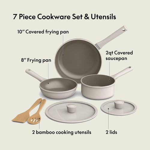 Bella 7 Piece Cookware Set - EverGood™ Ceramic Nonstick, Dishwasher & Oven Safe, Oatmilk Color