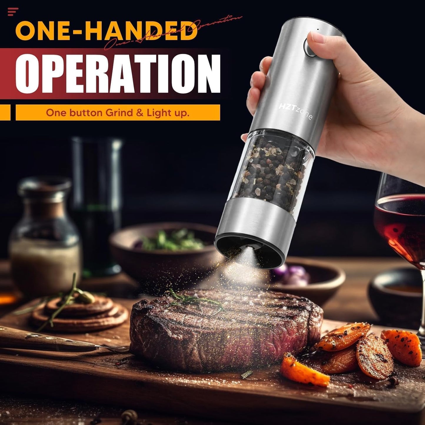 Skiennix Electric Salt and Pepper Grinder Set - One-Handed Automatic Spice Mill with Adjustable Coarseness & LED Light