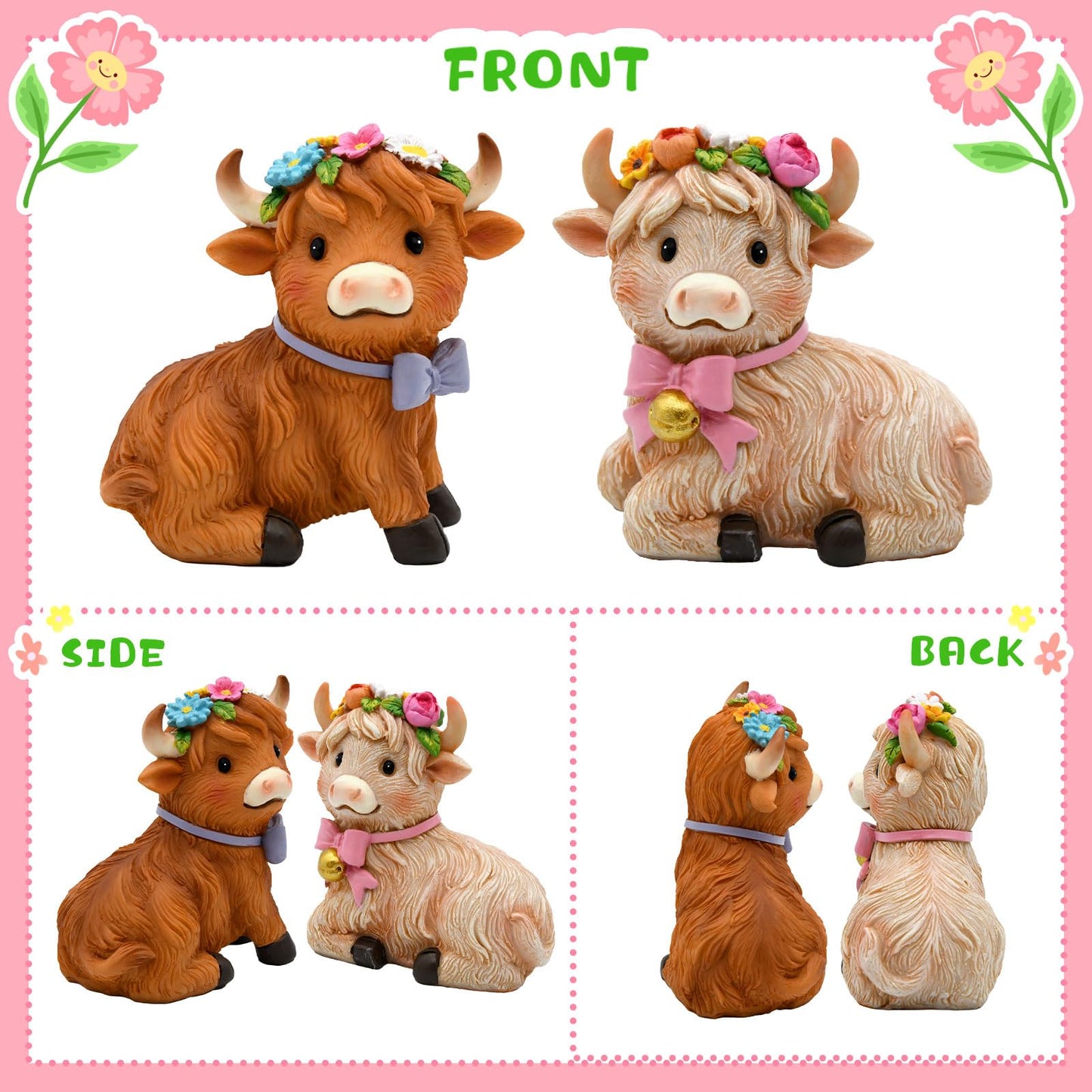 nuvagiki Highland Cow Decor Set of 2, Spring Farmhouse Highland Cow Figurines, Cute Cow Tiered Tray Decorations for Home Kitchen Table, Rustic Country Shelf Decor, Gift for Women