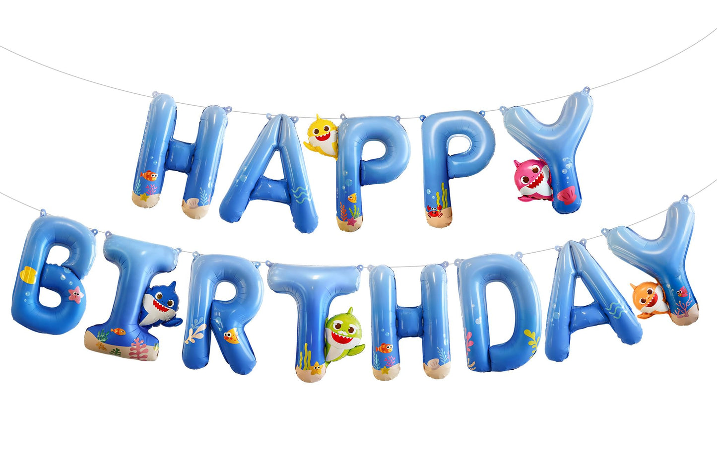 PartyWoo Baby Shark Blue Happy Birthday Banner Letter Balloons 16 Inch Blue Mylar Foil Letter Balloons for Boys and Girls Baby Shark Under the Sea Ocean Theme Kids Birthday Party Decorations