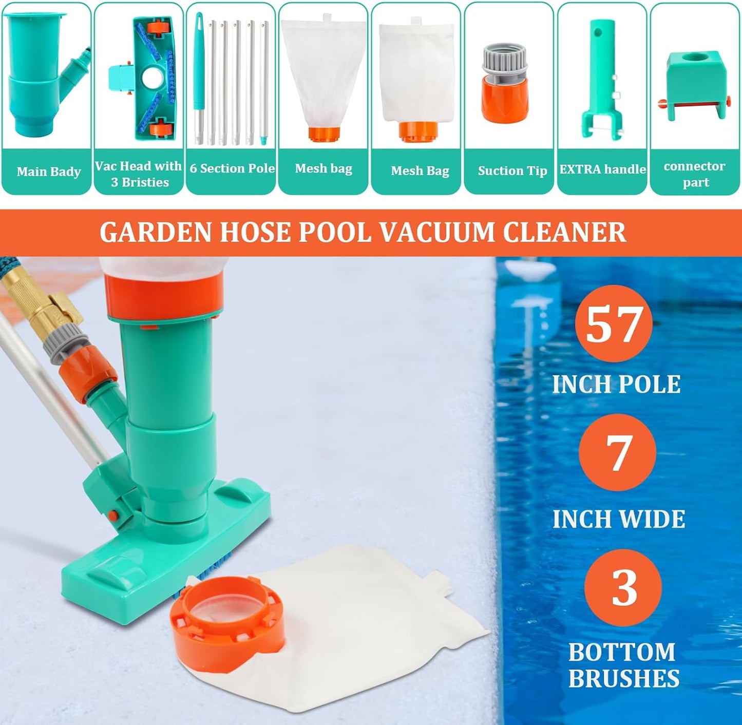Premium Pool Vacuum Jet Underwater Cleaner - 3 Scrub Brushes, 2 Fine Mesh Bags, 56.5" Telescopic Pole for Above Ground Pools, Spas & Ponds