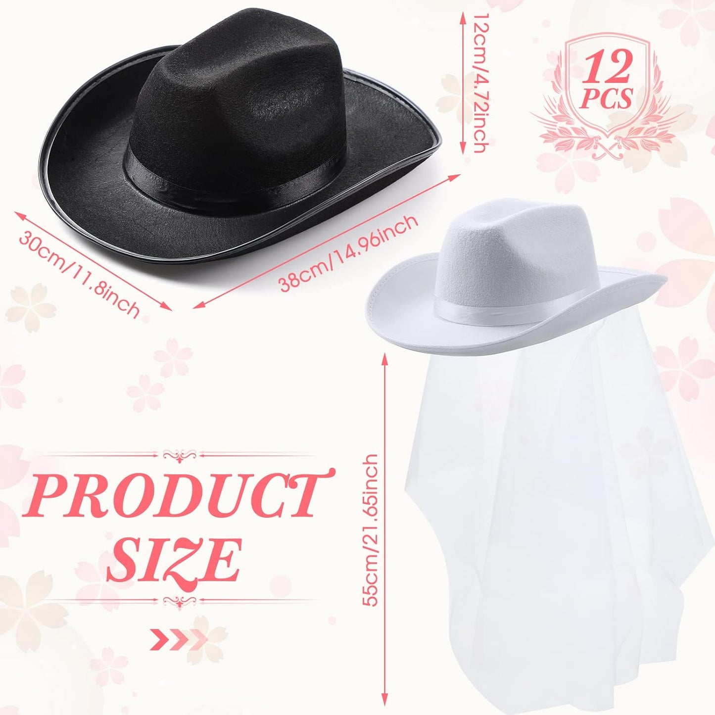 Unittype 12 Pcs Women Cowgirl Cowboy Hats Bachelorette Cowboy Hats for Bridal Shower Wedding Engagement Halloween Cosplay