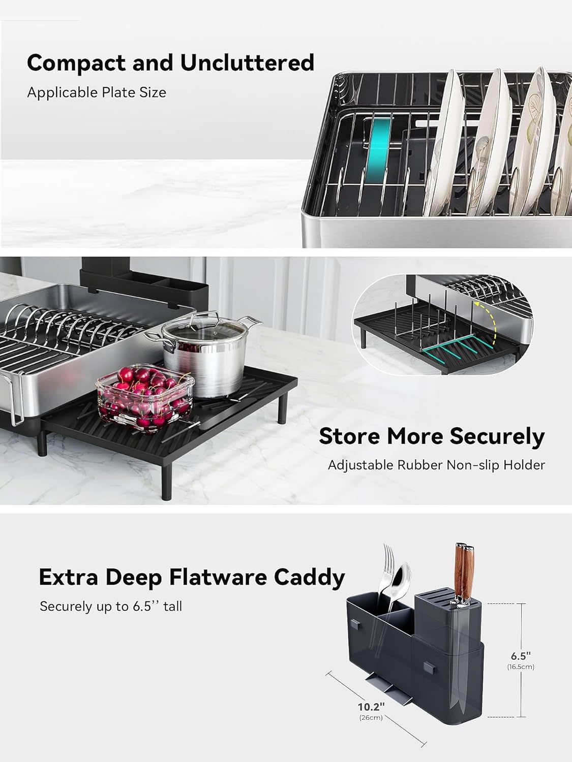 SUNLY Large Dish Drying Rack - Expandable 304 Stainless Steel Kitchen Drainer | Space-Saving Black Design