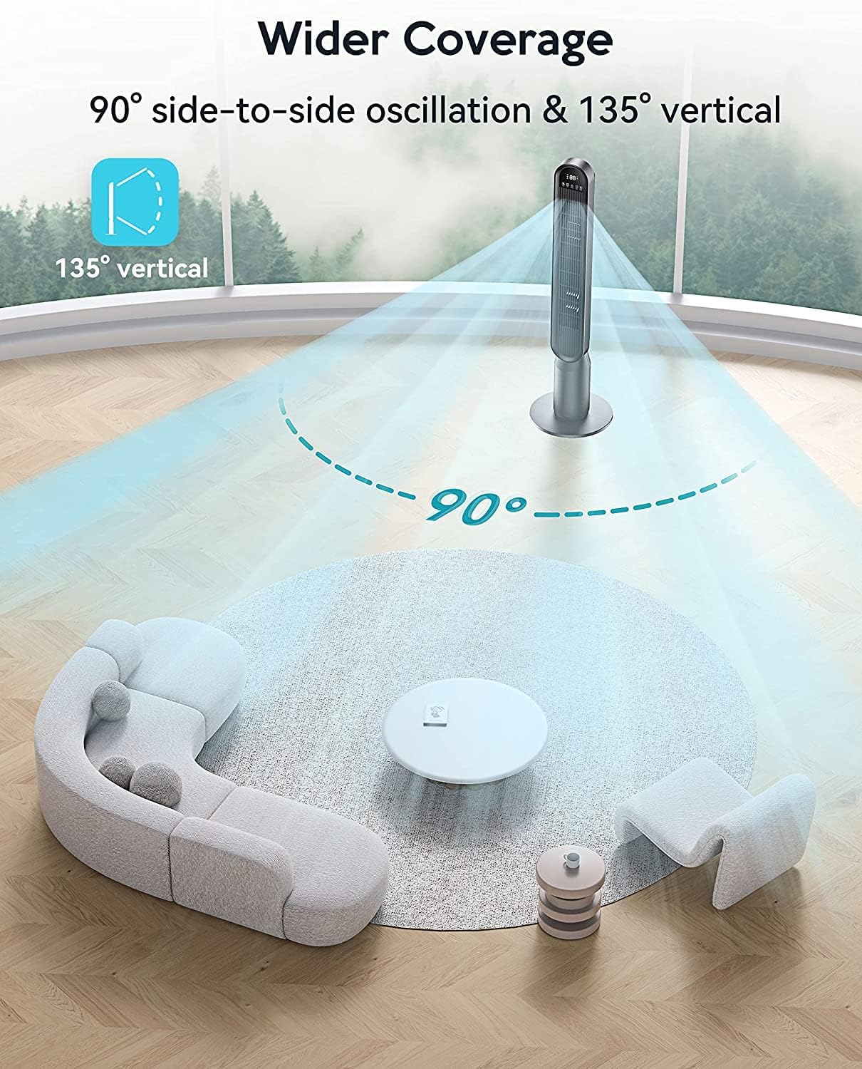 VAGKRI 42-Inch Tower Fan - Quiet Bladeless Indoor Fan with 135° Oscillation & Remote Control | 4 Modes, 4 Speeds, 15H Timer