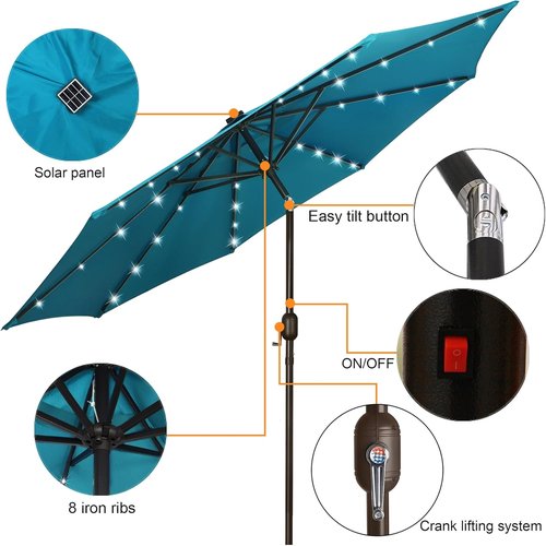 Blissun 9 Ft Solar Umbrella - 32 LED Lighted Patio Umbrella with Tilt & Crank | Cerulean Color for Garden, Deck & Pool