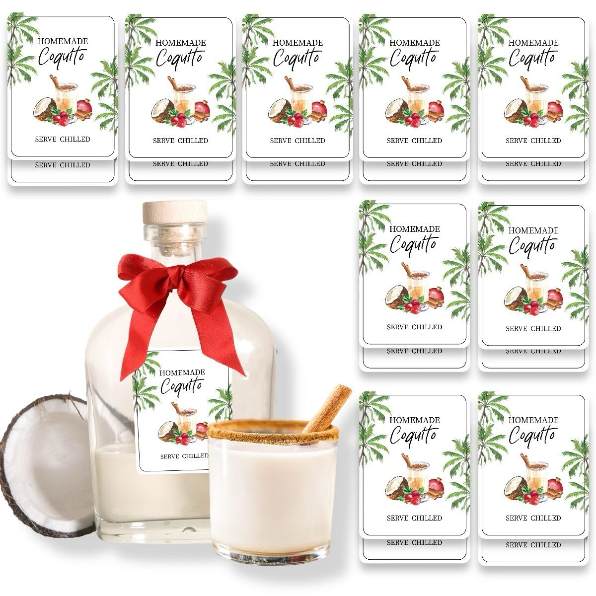 18pcs Coquito Labels for Bottles Christmas, Size 2" X 3" Coquito Xmas Puerto Rico Stickers, for 8oz, 16oz, 32oz Bottles