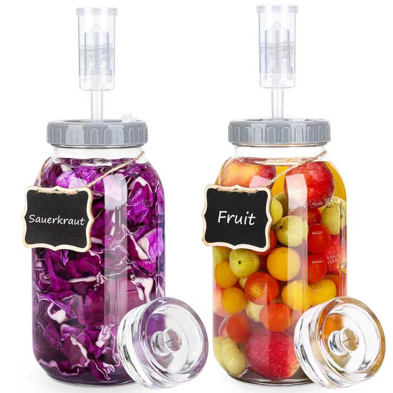 ROTESONNE 64oz Fermentation Jar Kit with Fermenting Weights and Airlock Lids, Wide Mouth Glass Jars with Scale Mark for Making and Storing Sauerkraut, Pickles (Pack of 2)