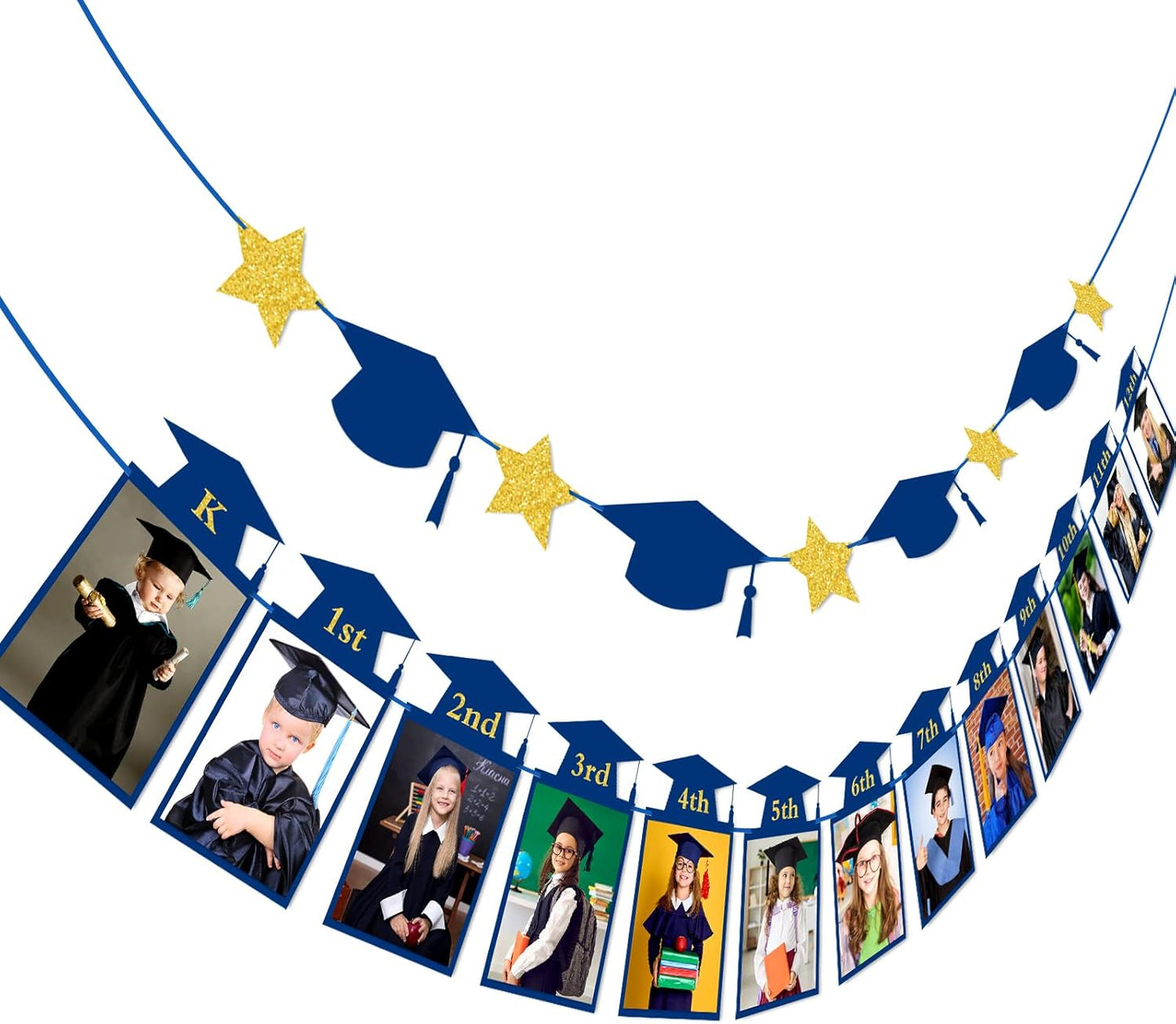 Whaline Graduation Photo Banner - No DIY Required | Blue Gold Glitter Bunting for 5 x 7 Inch Pictures