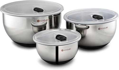 HexClad Stainless Steel Mixing Bowl Set - 3-Piece with Vacuum Seal Lids & Non-Slip Base | 1.3, 3 & 5 Quarts