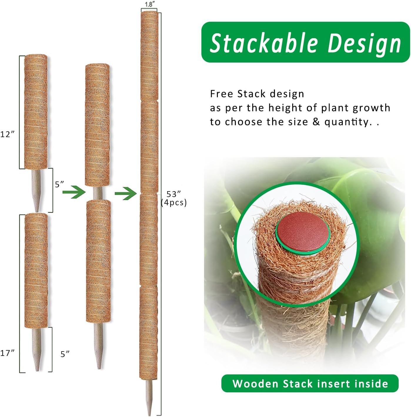 Moss Pole 4-Pack | 17-Inch Monstera Plant Support - Stackable Coir Stakes for Indoor Climbing Plants