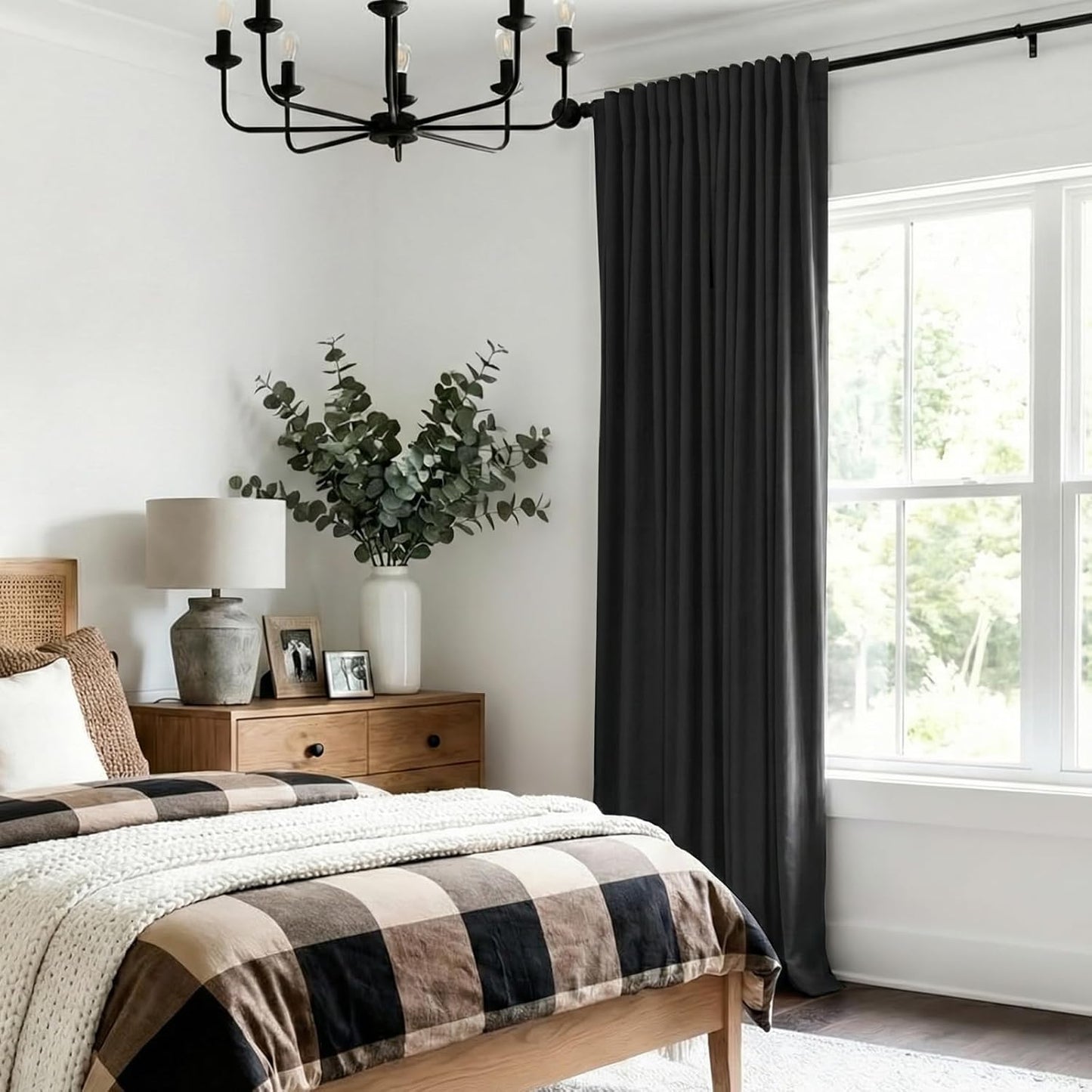 Skiennix 100% Blackout Linen Curtains - Thermal Insulated Drapes for Bedroom | 96" Long, Black, 100" W