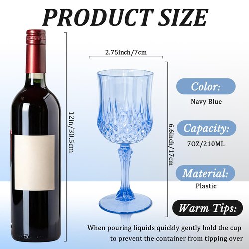 CHLJAR 24 PCS Plastic Blue Wine Glasses Goblets Blue Vintage Wine Glasses, Reusable Drinkware Vintage Champagne, Plastic Goblets for Parties for Wedding Reception Grand Event Party, 7oz