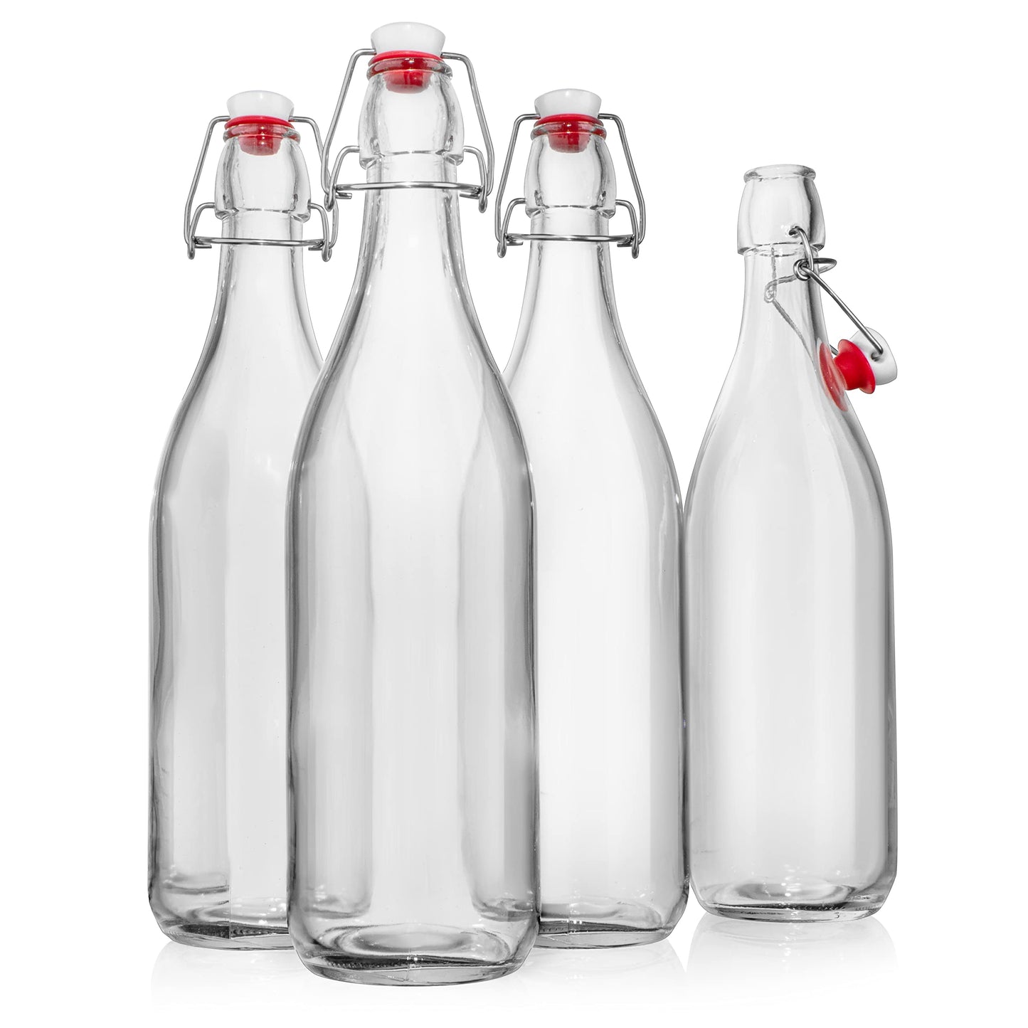 Swing Top Glass Bottles [1 Liter / 33 fl. oz.] [Pack of 4] – Flip Top Coquito Bottles for Kombucha, Fermentation, Beer, Kefir, Wine – Airtight Stopper Lids with Extra Gaskets, Funnel, Labels & More