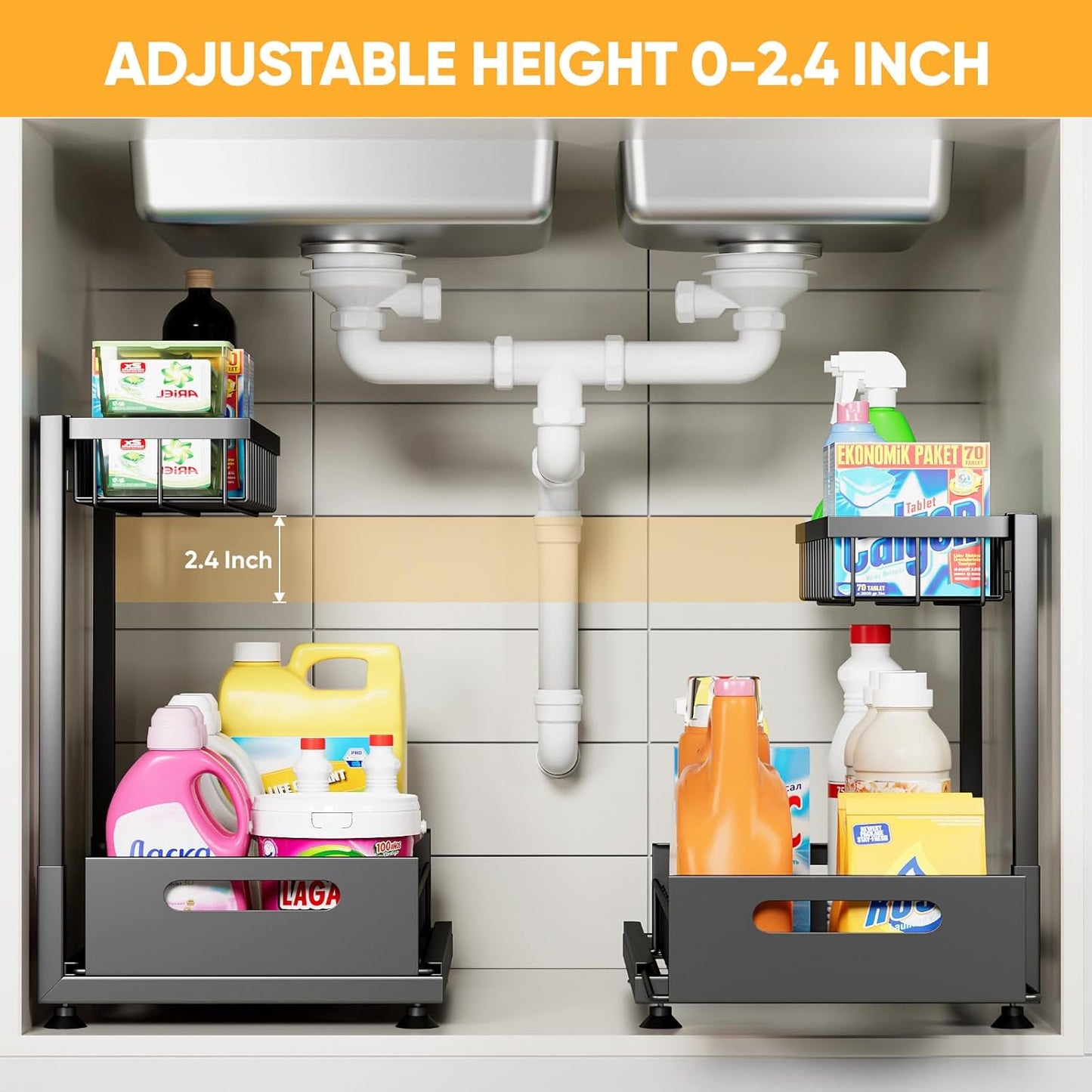 Saydear Under Sink Organizer - 2-Tier Premium Metal Pull-Out Storage with Sliding Drawer | Adjustable Height, Heavy Duty, Black (2 Pack)
