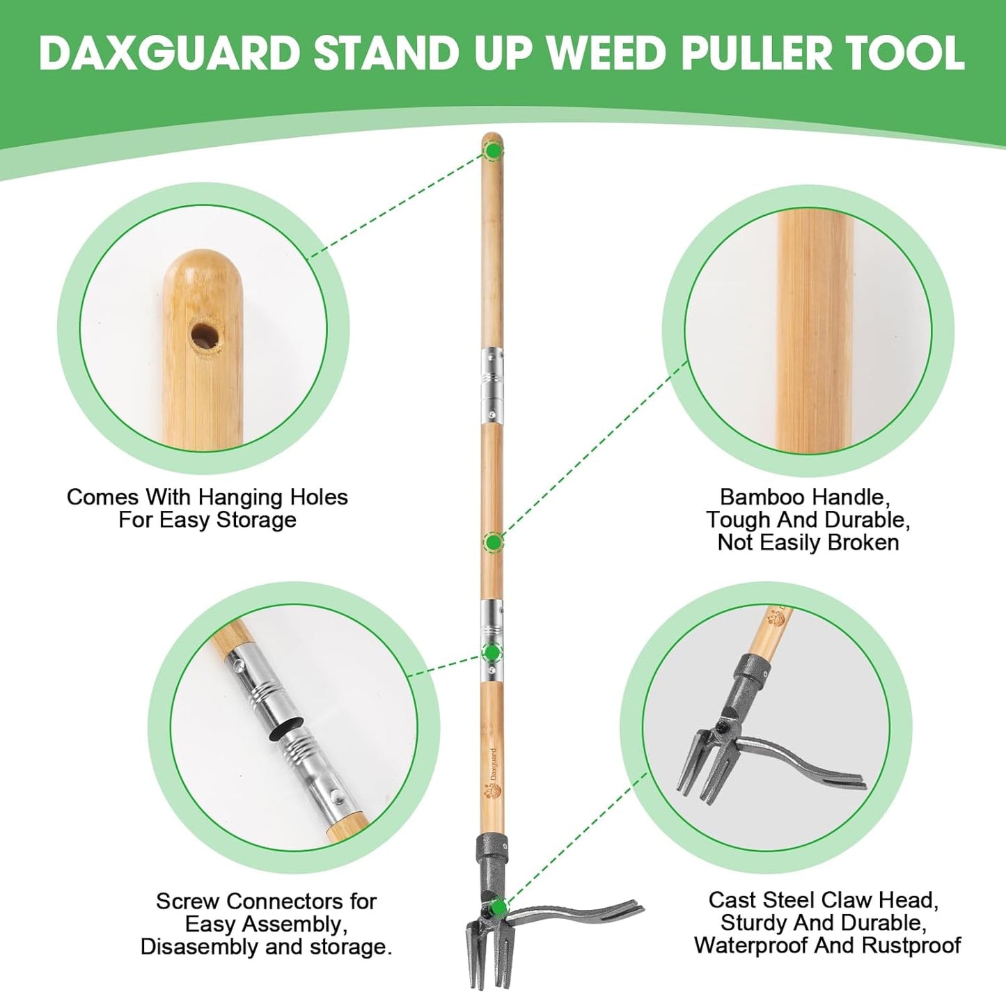 Stand Up Weed Puller by [Brand Name] - Adjustable 44-31.5" Bamboo Handle with Heavy-Duty 4-Claw Steel Head | No Bending Required for Effortless Weeding
