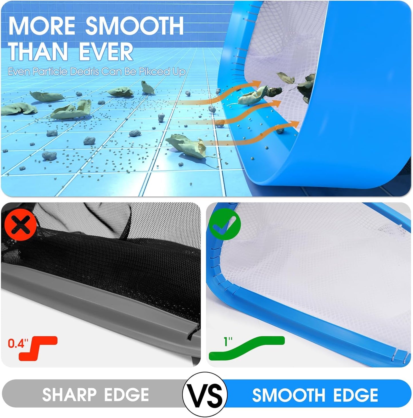 TidyMister New Diamond Netting Double-Layer Pool Net 18'' Heavy Duty Leaf Rake Pool Skimmer Net for Above Ground & Inground Pools Cleaning