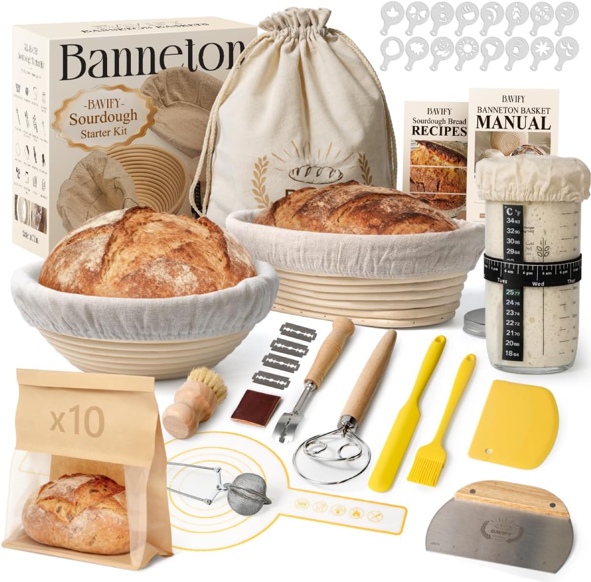 Skiennix Sourdough Starter Kit - Complete Baking Set with Proofing Baskets, Dough Scraper & Recipe