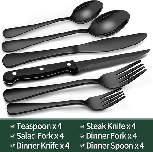 EWFEN 24-Piece Black Silverware Set - Food-Grade Stainless Steel Flatware for 4 with Steak Knives