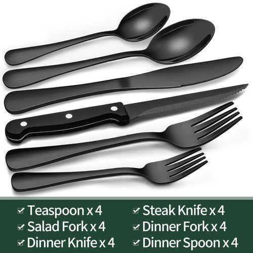 EWFEN 24-Piece Black Silverware Set with Steak Knives, Black Flatware Set for 4, Food-Grade Stainless Steel Tableware Cutlery Set, Mirror Finished Utensil Sets for Home Restaurant, Round Edge