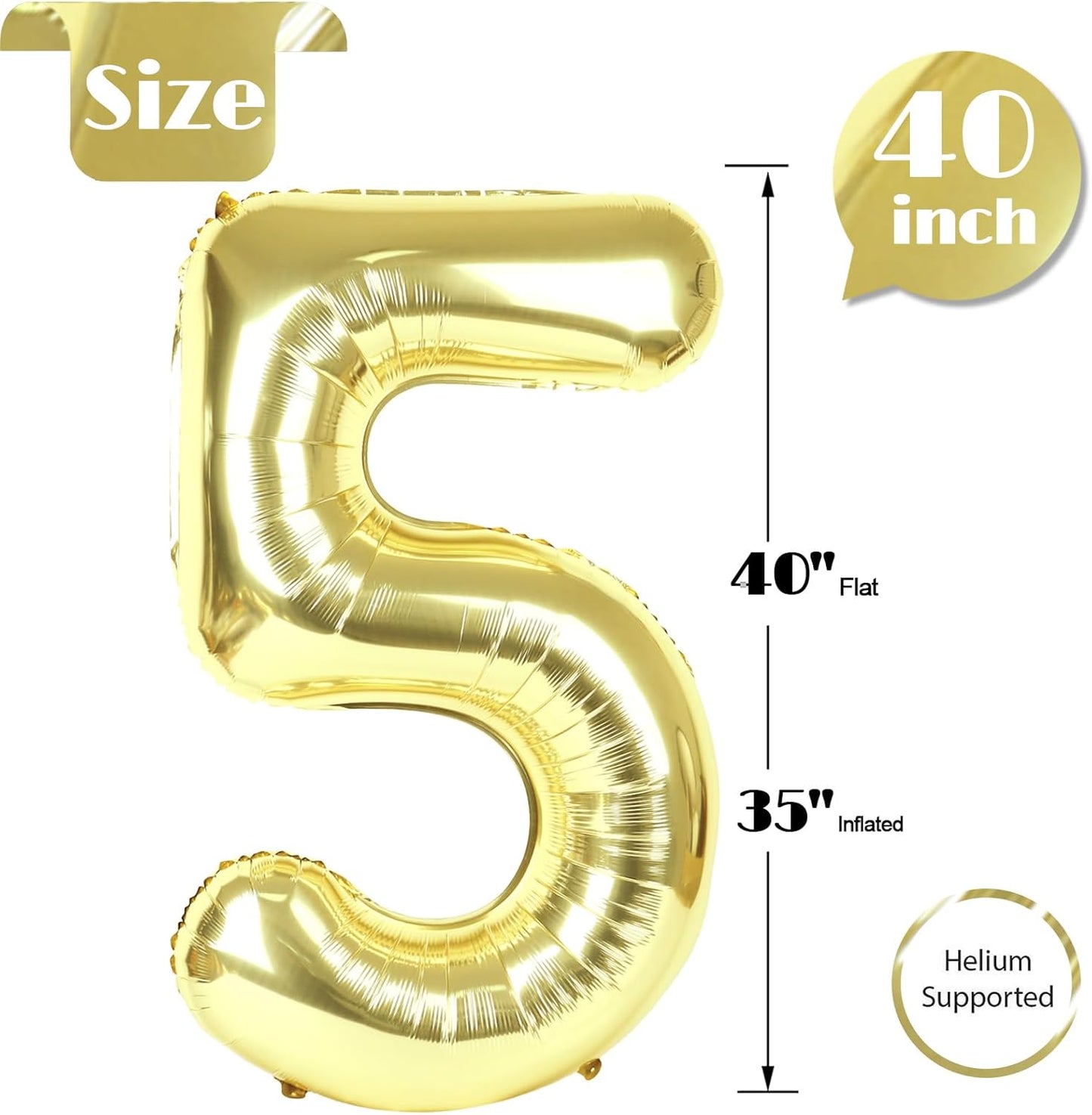 Light Gold Number 5 Balloon - 40 Inch Giant Foil Balloon for 5th Birthday Party Decorations