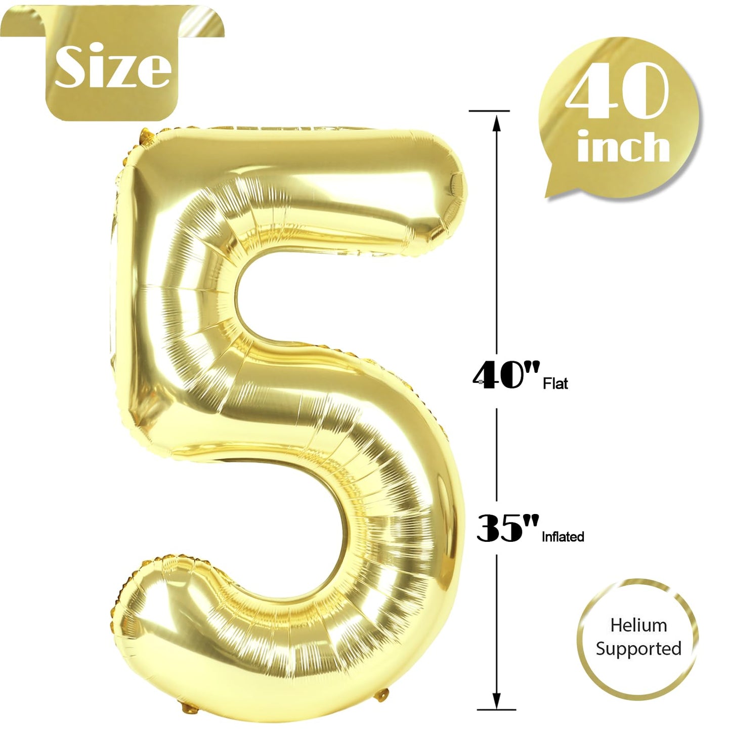 Light Gold Number 5 Balloon 40 Inch, 5th Birthday Party Decorations for Children, Giant 5 Foil Balloon for Party Supplies