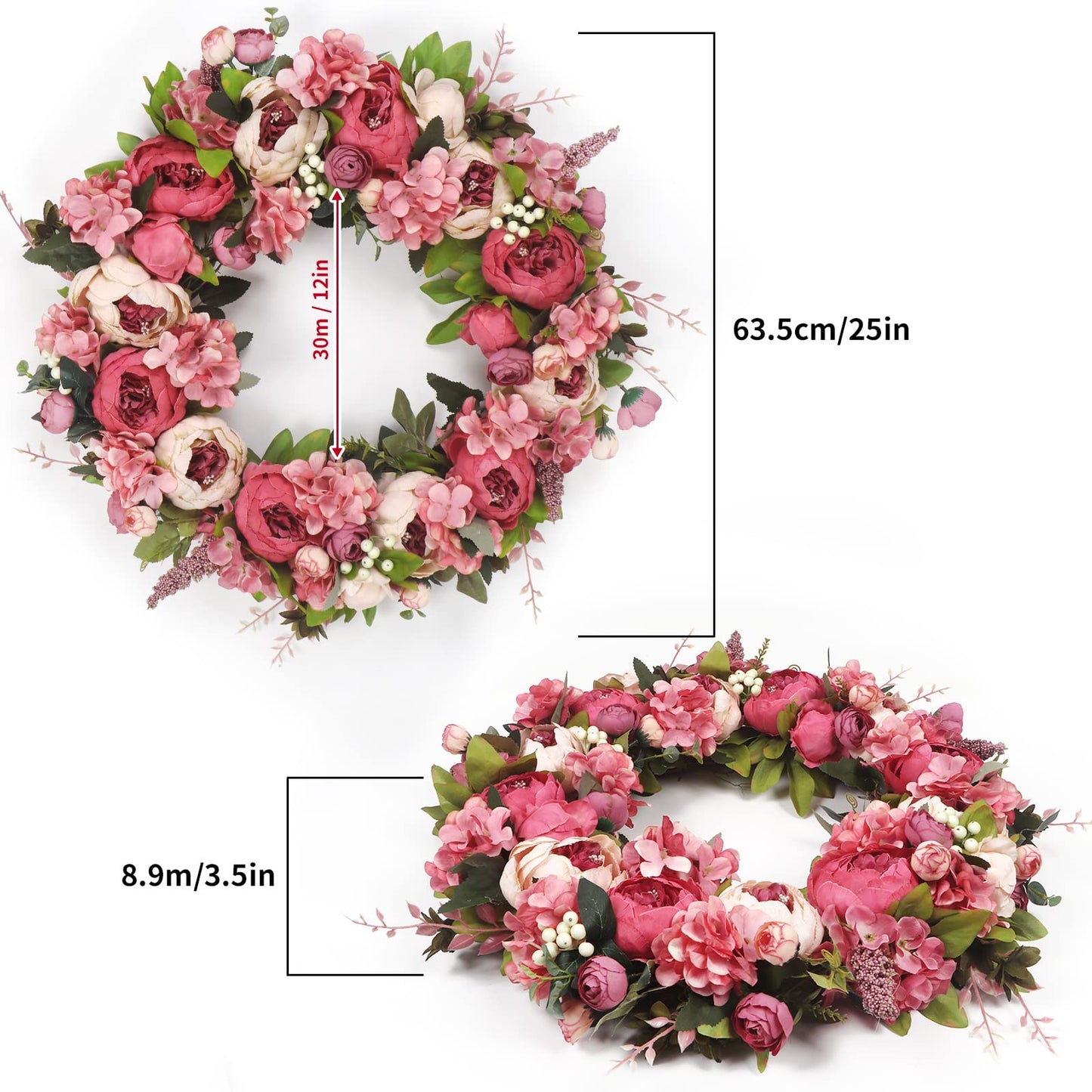 Wreath 26 Inches - Peony Flower Spring Wreaths for Front Door Outside - Summer Floral Bud Wreath -Handmade Door Wreaths,Pink&Purple&Green