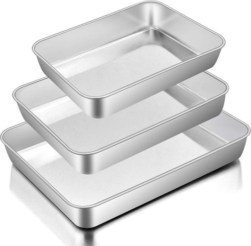 E-far Stainless Steel Baking Pans Set of 3 | Non-Toxic Rectangle Bakeware for Cakes & Lasagna - 12.5/10.5/9.4 Inch