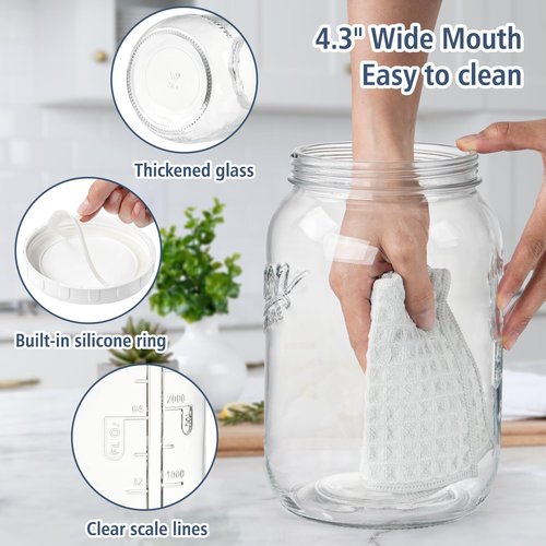 Folinstall 2 Pack 1 Gallon Glass Jar with Lid, Wide Mouth Mason Jars, Large Glass Flour Storage Containers with Airtight Lids, Candy Jar Safe for Cookie, Kombucha, Pickle, Sugar