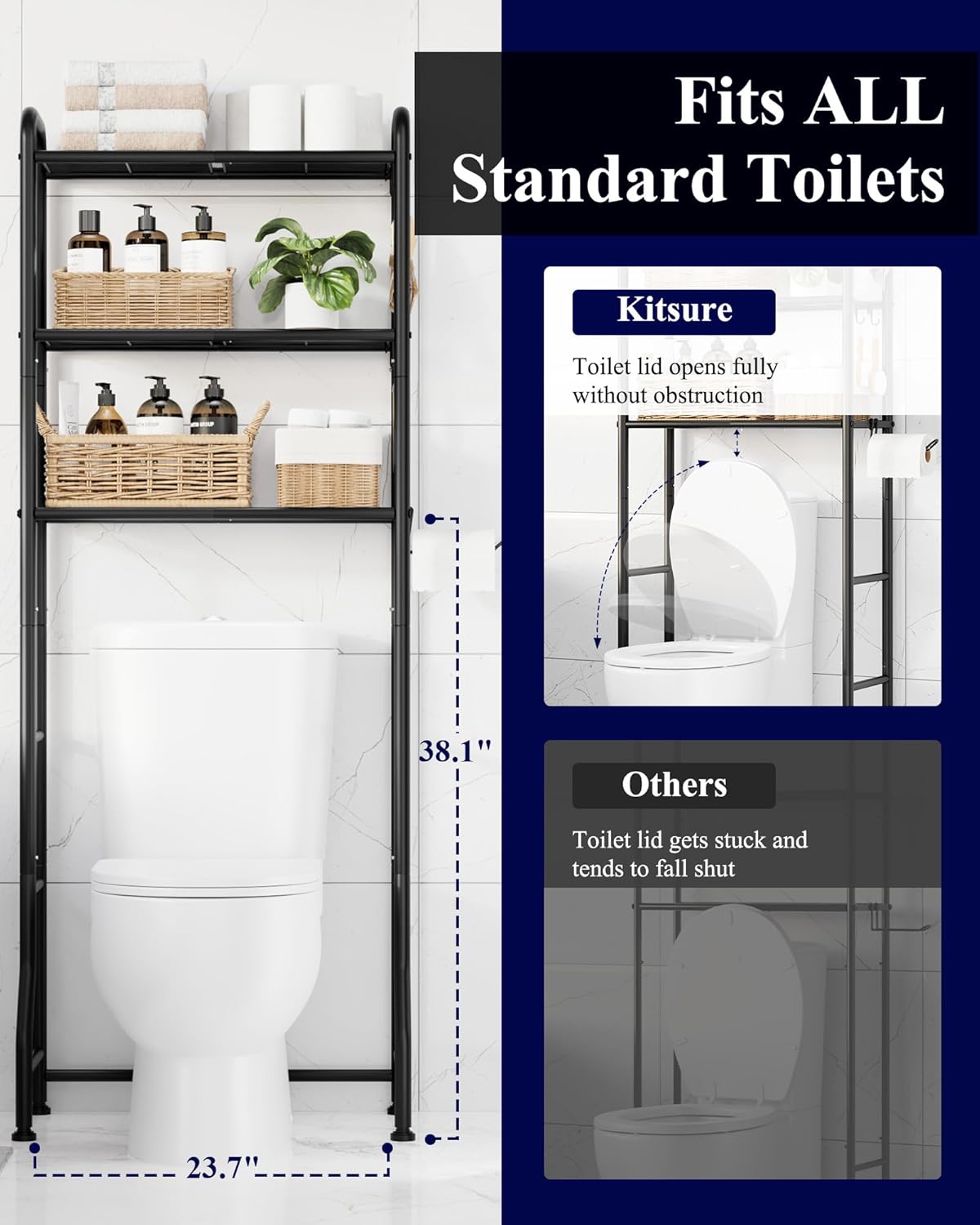 Kitsure Over Toilet Storage Rack - Metal Bathroom Organizer Shelf with Paper Holder & Hooks | Black, 3 Tiers (63.2" H)
