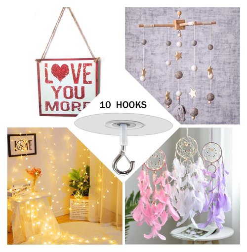 Crhexpva No Hole Adhesive Ceiling Hooks for Hanging Light Plants,Sticky Eye Hooks for Hanging Boby Mobile Curtain,Set of 10 (Round)