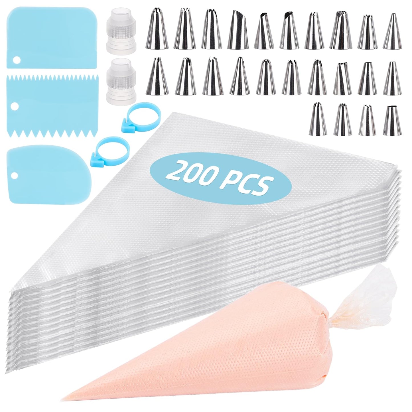 200 Pcs Piping Bags and 24 Tips Set, 12 Inch Disposable Piping Bags Pastry Bag, 231 Pcs Frosting Piping Kit with Tips, Scrapers, Couplers for Decorating Cakes, Cookies‌