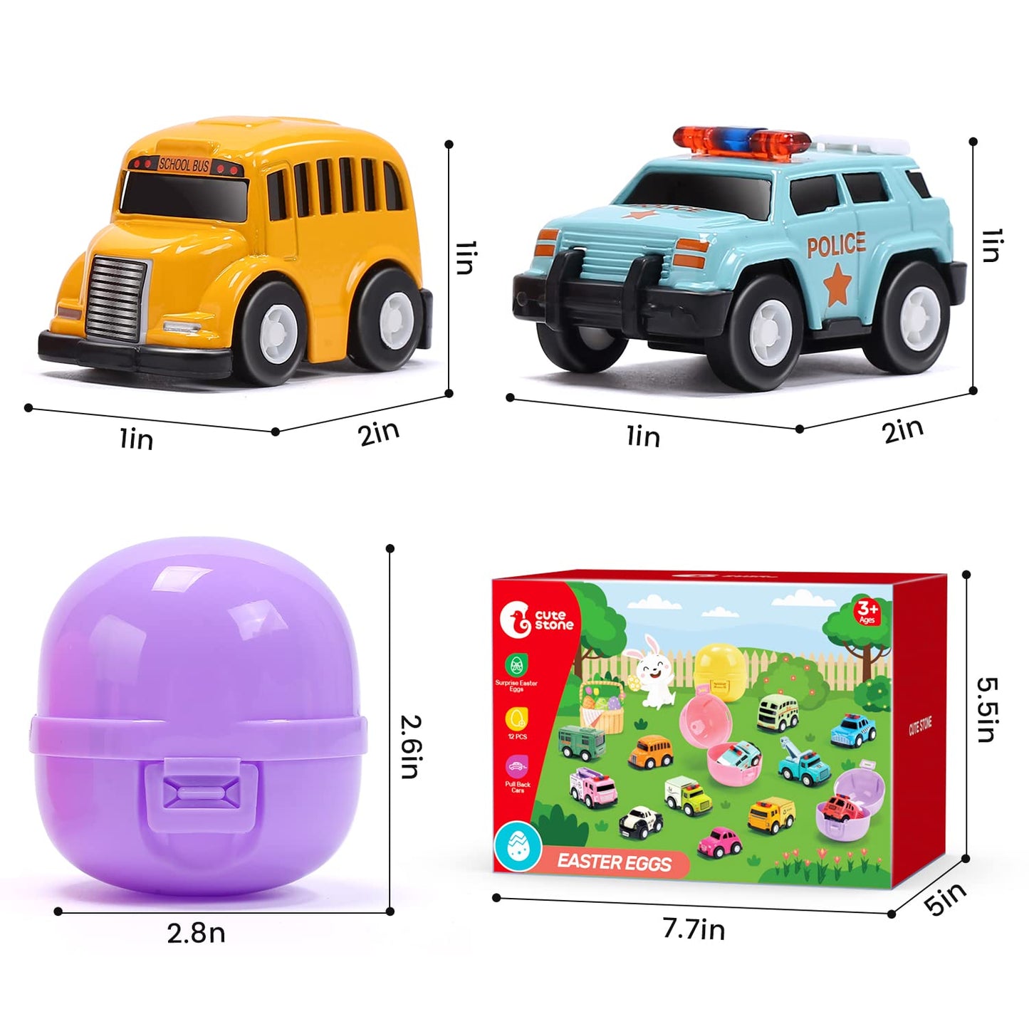 CUTE STONE 12 PCs Filled Easter Egg with Alloy Cars Toy, Easter Basket Stuffers Toys Party Favors for Toddler, Kids