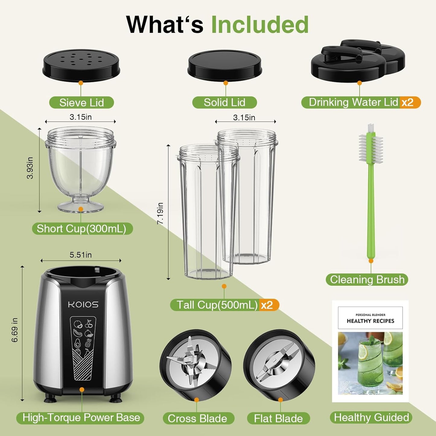 KOIOS Smoothie Blender - Powerful 1000W Personal Blender for Shakes & Smoothies | Includes 12-Piece Coffee Grinder Set & 2x22 oz To-Go Cups, Non-BPA