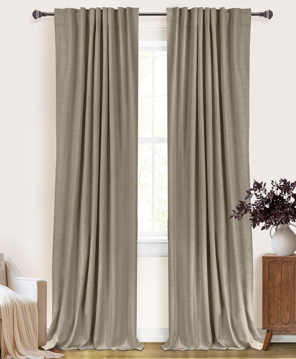 Skiennix 100% Blackout Linen Curtains - Thermal Insulated Drapes for Bedroom | 84" Long, 2 Panels Set, 50" W